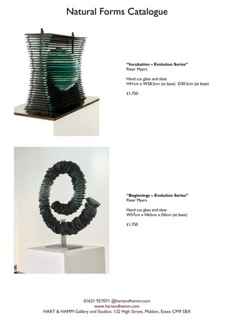 Natural Forms Catalogue
01621 927071 @hartandhamm.com
www.hartandhamm.com
HART & HAMM Gallery and Studios: 132 High Street, Maldon, Essex CM9 5BX
Incubation C Evolution Series
Peter Myers
Hand cut glass and slate
H41cm x W58.5cm (at base) D30.5cm (at base)
?1,750
Beginnings C Evolution Series
Peter Myers
Hand cut glass and slate
W57cm x H63cm x D6cm (at base)
?1,750
 