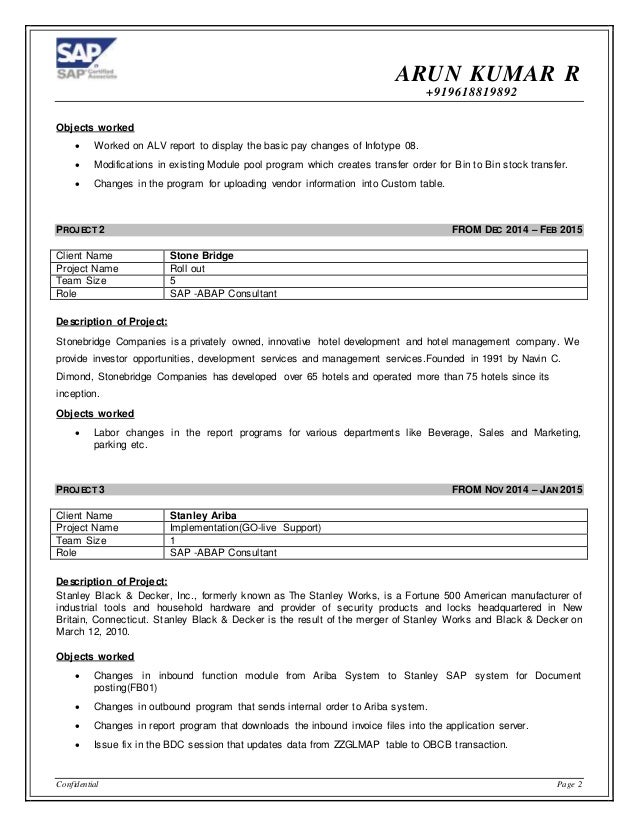 sap abap resume format 1 year