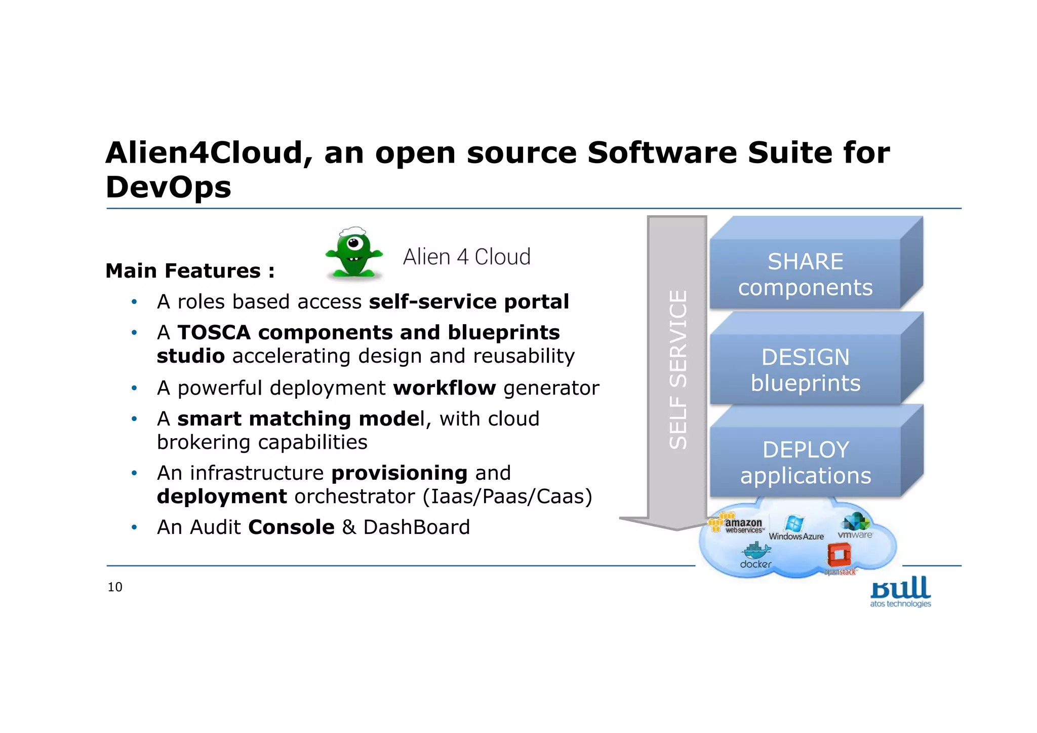 SELFSERVICE
Main Features :
•  A roles based access self-service portal
•  A TOSCA components and blueprints
studio accelerating design and reusability
•  A powerful deployment workflow generator
•  A smart matching model, with cloud
brokering capabilities
•  An infrastructure provisioning and
deployment orchestrator (Iaas/Paas/Caas)
•  An Audit Console & DashBoard
10
Alien4Cloud, an open source Software Suite for
DevOps
DEPLOY
applications
DESIGN
blueprints
SHARE
components
 