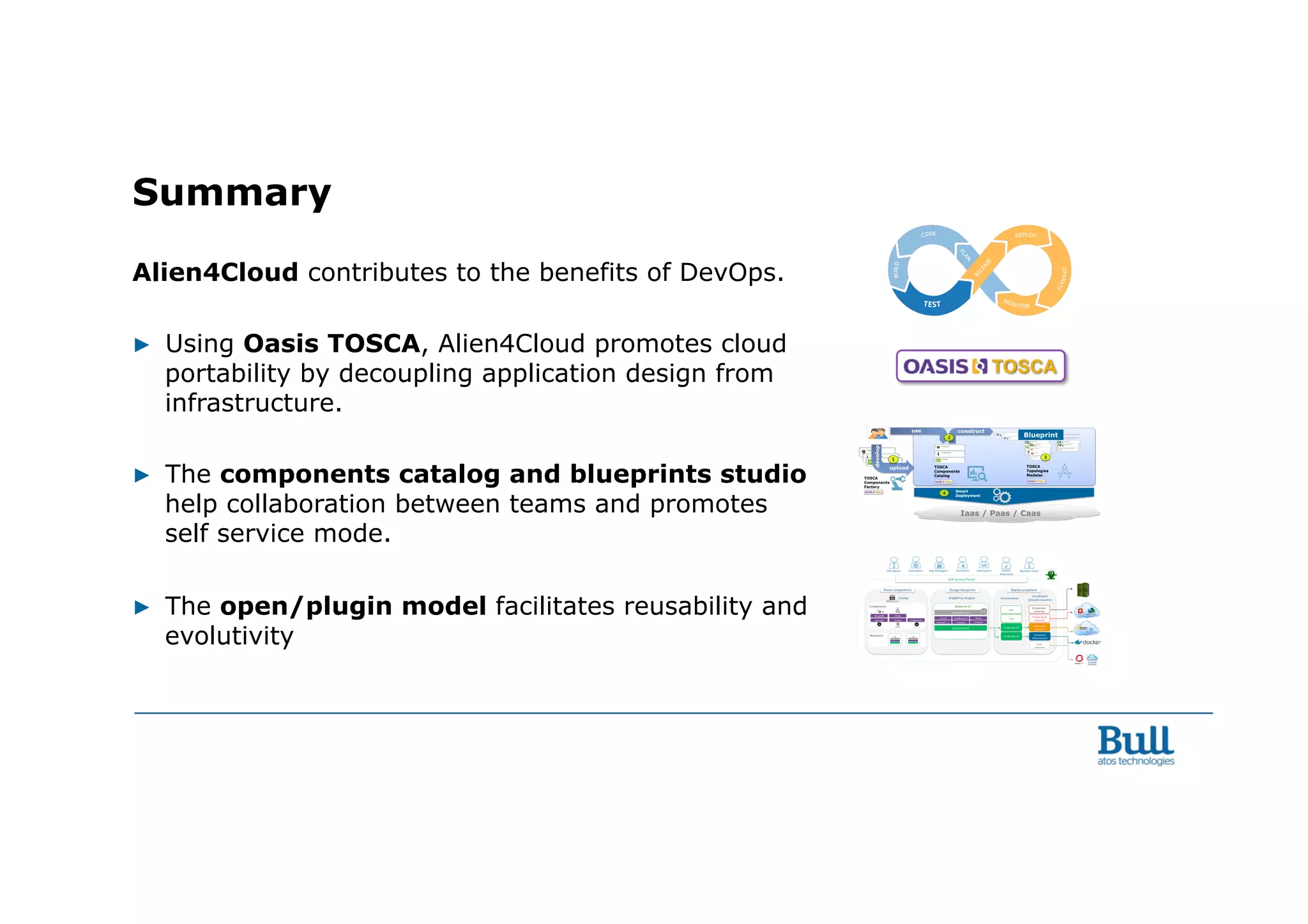 Alien4Cloud contributes to the benefits of DevOps.
▶  Using Oasis TOSCA, Alien4Cloud promotes cloud
portability by decoupling application design from
infrastructure.
▶  The components catalog and blueprints studio
help collaboration between teams and promotes
self service mode.
▶  The open/plugin model facilitates reusability and
evolutivity
Summary
 