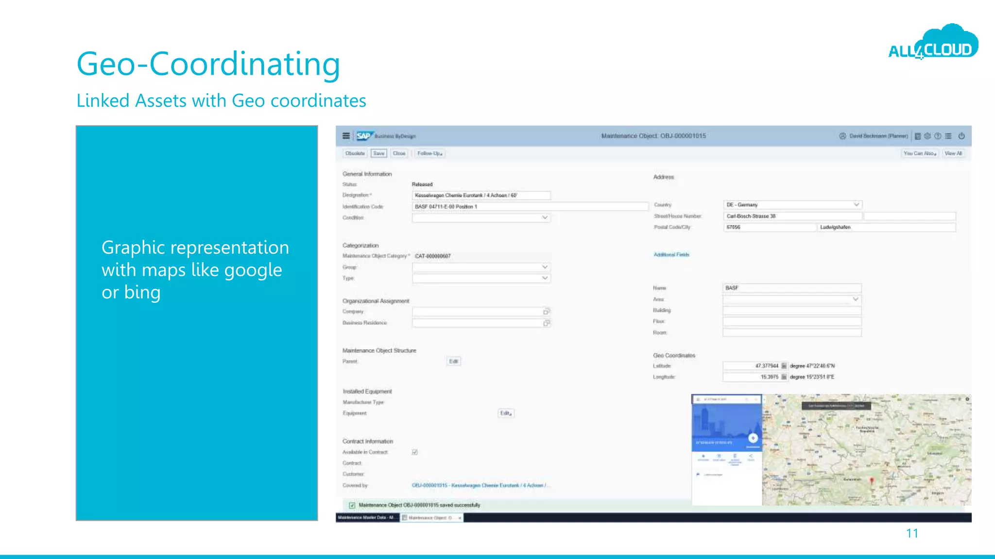 Geo-Coordinating
11
Linked Assets with Geo coordinates
Graphic representation
with maps like google
or bing
 
