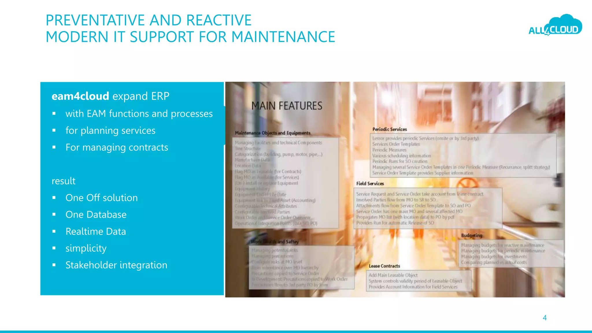 eam4cloud expand ERP
 with EAM functions and processes
 for planning services
 For managing contracts
result
 One Off solution
 One Database
 Realtime Data
 simplicity
 Stakeholder integration
PREVENTATIVE AND REACTIVE
MODERN IT SUPPORT FOR MAINTENANCE
4
 
