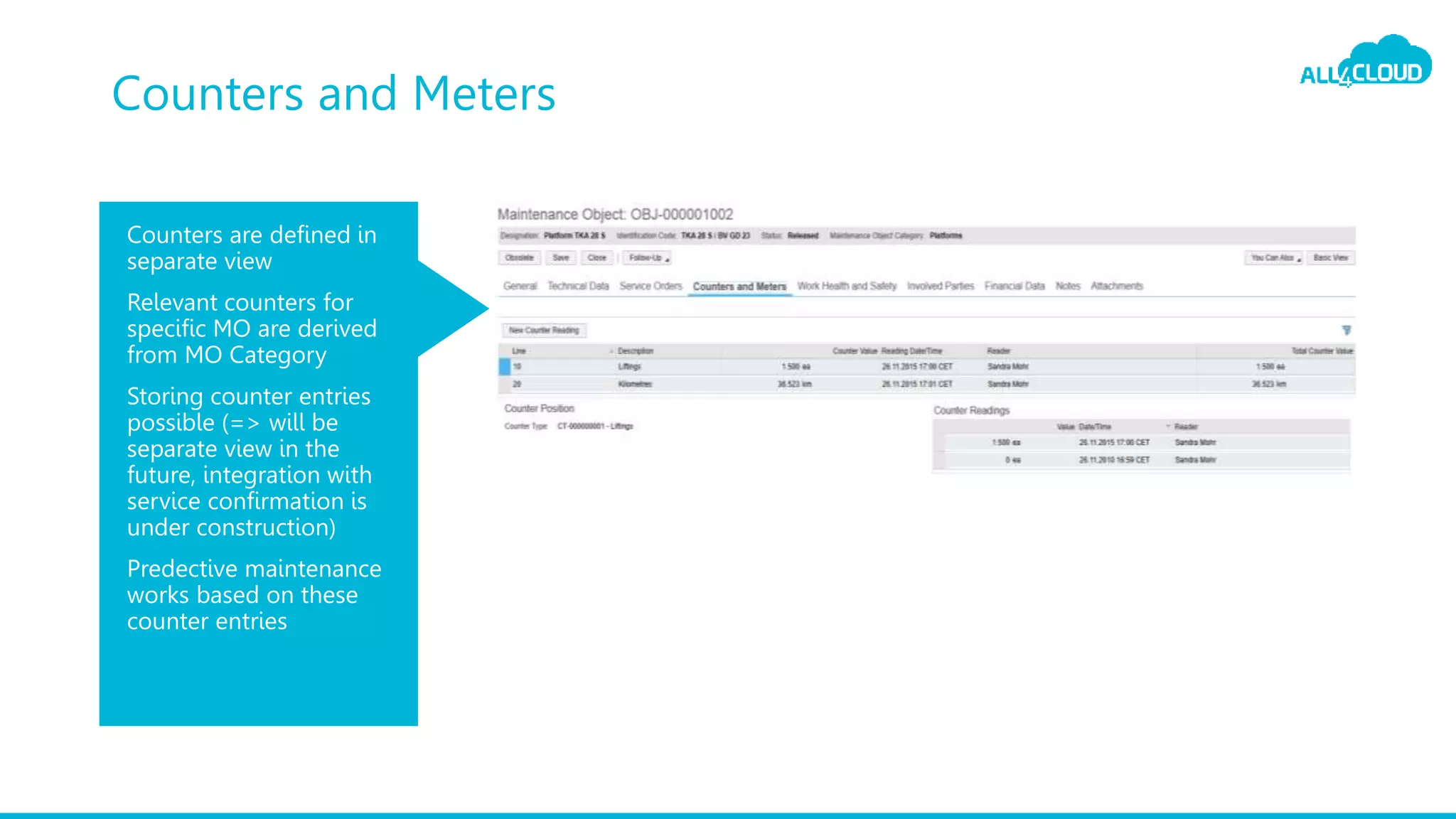 Counters are defined in
separate view
Relevant counters for
specific MO are derived
from MO Category
Storing counter entries
possible (=> will be
separate view in the
future, integration with
service confirmation is
under construction)
Predective maintenance
works based on these
counter entries
Counters and Meters
 