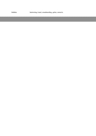 Hobbies Swimming, travel, snowboarding, guitar, concerts
 