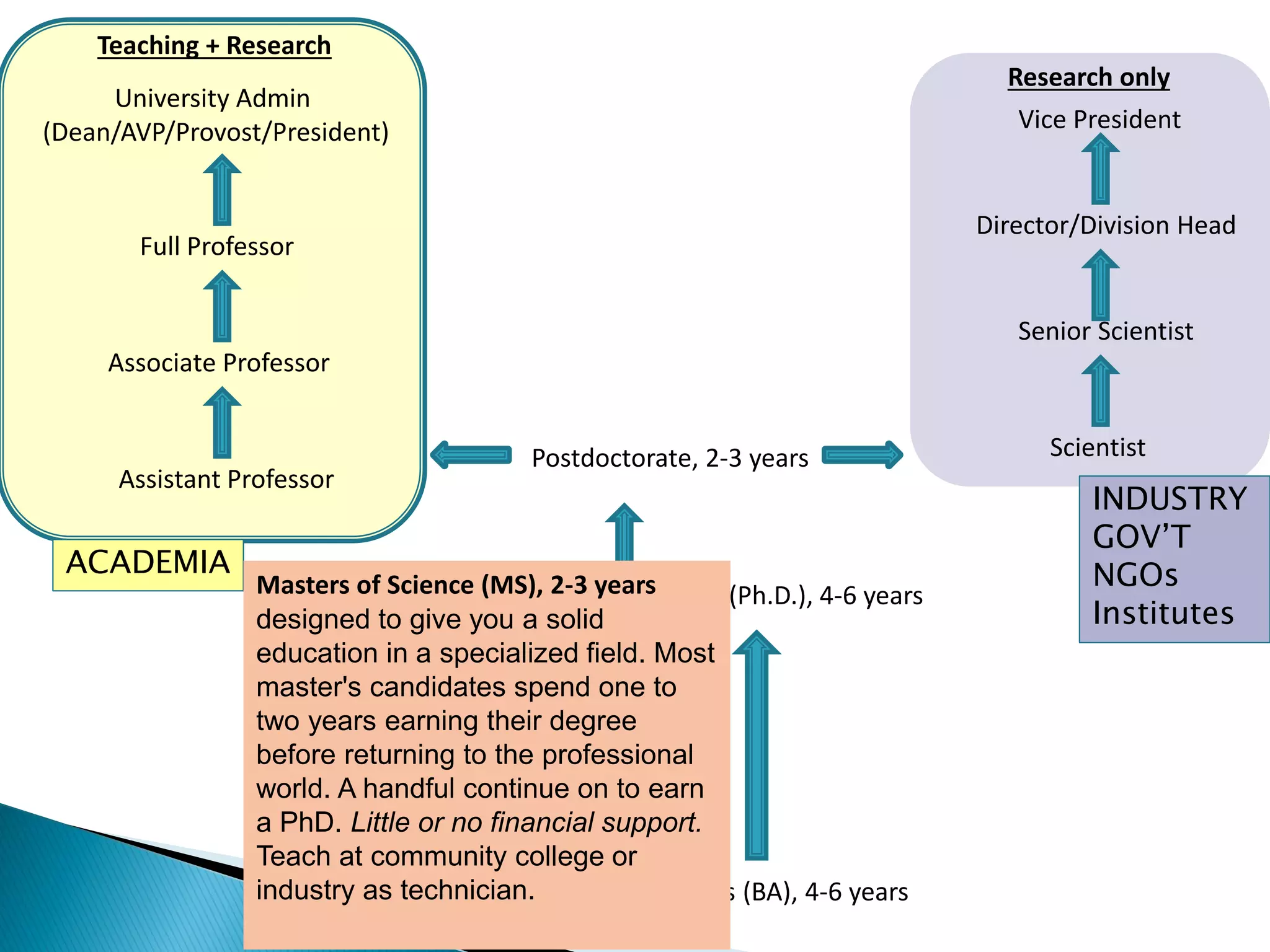 Bachelors of Science (BS)/Arts (BA), 4-6 years
Masters of Science (MS), 2-3 years
Doctorate of Philosophy (Ph.D.), 4-6 years
Assistant Professor
Associate Professor
Full Professor
University Admin
(Dean/AVP/Provost/President)
Postdoctorate, 2-3 years Scientist
Senior Scientist
Director/Division Head
Vice President
Teaching + Research
Research only
ACADEMIA
INDUSTRY
GOV’T
NGOs
Institutes
Masters of Science (MS), 2-3 years
designed to give you a solid
education in a specialized field. Most
master's candidates spend one to
two years earning their degree
before returning to the professional
world. A handful continue on to earn
a PhD. Little or no financial support.
Teach at community college or
industry as technician.
 