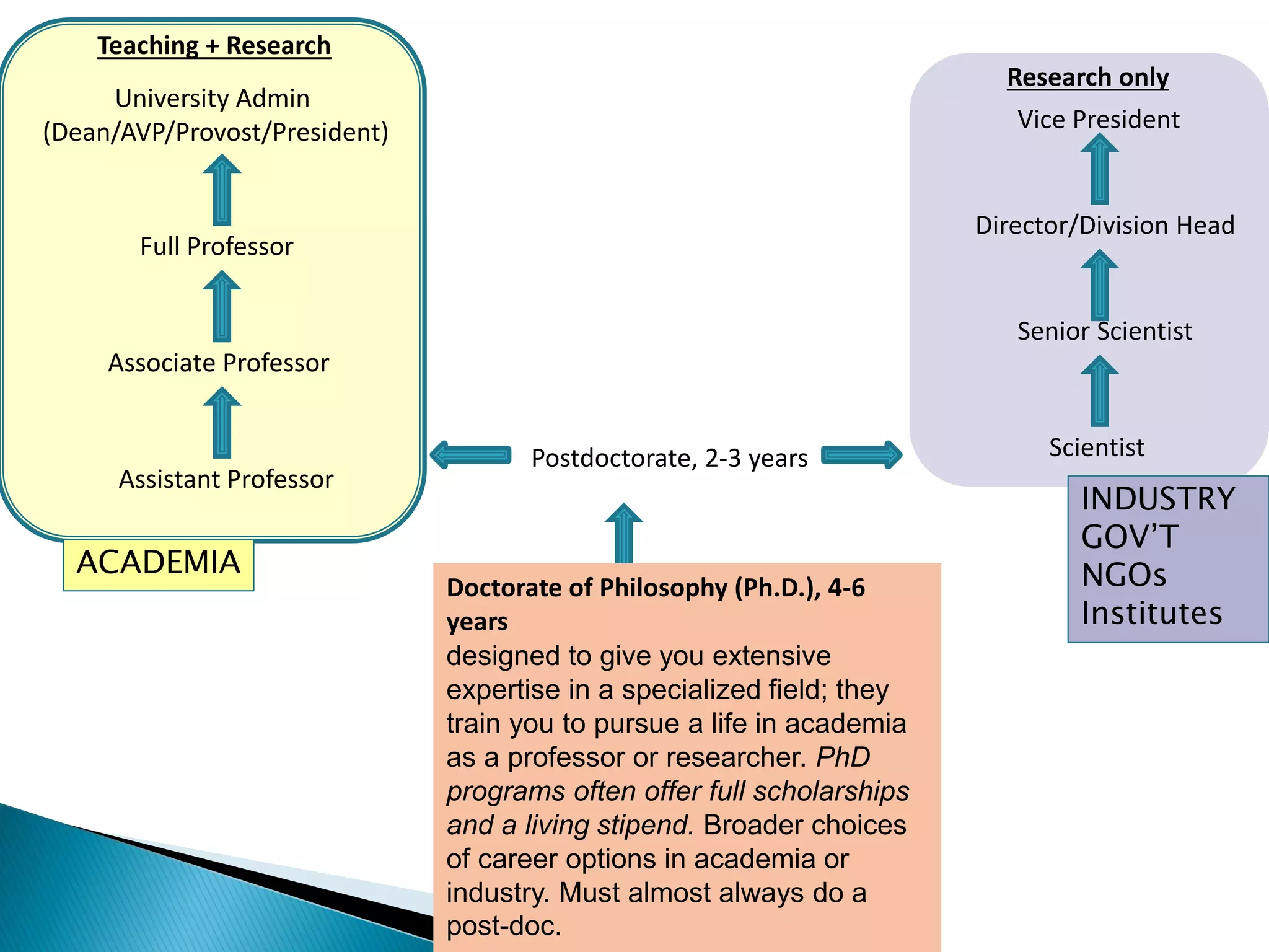 Assistant Professor
Associate Professor
Full Professor
University Admin
(Dean/AVP/Provost/President)
Postdoctorate, 2-3 years Scientist
Senior Scientist
Director/Division Head
Vice President
Teaching + Research
Research only
ACADEMIA
INDUSTRY
GOV’T
NGOs
Institutes
Doctorate of Philosophy (Ph.D.), 4-6
years
designed to give you extensive
expertise in a specialized field; they
train you to pursue a life in academia
as a professor or researcher. PhD
programs often offer full scholarships
and a living stipend. Broader choices
of career options in academia or
industry. Must almost always do a
post-doc.
 