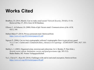 Works Cited
Bradbury, D. (2014, March). Can we make email secure? Network Security, 2014(3), 13-16.
Retrieved May 27, 2014, from ACM Database.
Ellison, C., & Schneier, B. (2000). Risks of pki: Secure email. Communications of the ACM,
43(1), 160.
Hallam-Baker P. (2014). Privacy protected email. Retrieved from
https://www.w3.org/2014/strint/papers/01.pdf
Nguyen P. (2004). Can we trust cryptographic software? cryptographic flaws in gnu privacy guard
V1.2.3. In C. Cachin and J. Camenisch (Eds.), Advances in Cryptology - EUROCRYPT 2004, 3027, 555-
570.
Shelley L. I. (2003). Organized crime, terrorism and cybercrime. In A. Bryden, P. Fluri (Eds.),
Security sector reform: Institutions, society and good governance (pp. 303-312).
Baden-Baden, DE: Nomos Verlagsgesellschaft.
Yu J., Cheval V., Ryan M. (2014). Challenges with end-to-end email encryption. Retrieved from
https://www.w3.org/2014/strint/papers/08.pdf
 