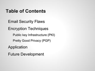Table of Contents
Email Security Flaws
Encryption Techniques
Public key Infrastructure (PKI)
Pretty Good Privacy (PGP)
Application
Future Development
 