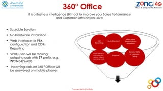 360° Office
It is a Business Intelligence (BI) tool to improve your Sales Performance
and Customer Satisfaction Level
 Scalable Solution
 No hardware installation
 Web Interface for PBX
configuration and CDRs
Reporting
 VPBX users will be making
outgoing calls with 77 prefix. e.g.
7703454226006
 Incoming calls on 360 0 Office will
be answered on mobile phones
Connectivity Portfolio
After-hours
Separate Auto-
attendants
Call
Recordings
Auto Attendant
Email Alerts to
administrator
about missed
and long calls
Voicemail
Detailed CDRs
of Extension
Calling
 