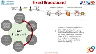 Fixed Broadband
1. Minimum commitment required from
Client would be two years
2. Please note competition is offering
dedicated Broadband service without
any firewall but for clean pipe (with
firewall service), they charge extra
however CMPAK will provide this
service for free keeping customer
satisfaction as priority
Connectivity Portfolio
Fixed
Broadband
We will provide an
Ethernet cable as
handoff on which
customer can
connect his own
equipment (Layer 3
switch/router etc)
NAT will be
implemented on our
Firewall for internet
access
Our solution has a
built in firewall
providing extra
security to the client
Customer
equipment and
microwave tower is
near 50 meters so it
is with in the safe
zone and will not
impact the services
Through Fiber or
Wireless bridge, the
tower at client
premises will be
connected to the
back end tower with
CMPAK network
The back end tower
will connect to our
transmission node
which have also
access to Internet
 