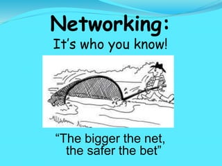 Networking:
It’s who you know!
“The bigger the net,
the safer the bet”
 