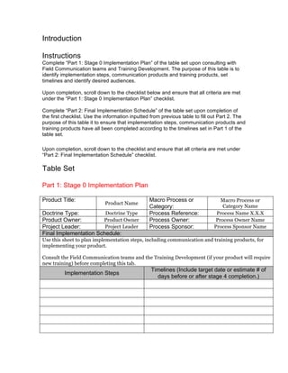 Introduction
Instructions
Complete “Part 1: Stage 0 Implementation Plan” of the table set upon consulting with
Field Communication teams and Training Development. The purpose of this table is to
identify implementation steps, communication products and training products, set
timelines and identify desired audiences.
Upon completion, scroll down to the checklist below and ensure that all criteria are met
under the “Part 1: Stage 0 Implementation Plan” checklist.
Complete “Part 2: Final Implementation Schedule” of the table set upon completion of
the first checklist. Use the information inputted from previous table to fill out Part 2. The
purpose of this table it to ensure that implementation steps, communication products and
training products have all been completed according to the timelines set in Part 1 of the
table set.
Upon completion, scroll down to the checklist and ensure that all criteria are met under
“Part 2: Final Implementation Schedule” checklist.
Table Set
Part 1: Stage 0 Implementation Plan
Product Title:
Product Name
Macro Process or
Category:
Macro Process or
Category Name
Doctrine Type: Doctrine Type Process Reference: Process Name X.X.X
Product Owner: Product Owner Process Owner: Process Owner Name
Project Leader: Project Leader Process Sponsor: Process Sponsor Name
Final Implementation Schedule:
Use this sheet to plan implementation steps, including communication and training products, for
implementing your product.
Consult the Field Communication teams and the Training Development (if your product will require
new training) before completing this tab.
Implementation Steps
Timelines (Include target date or estimate # of
days before or after stage 4 completion.)
 