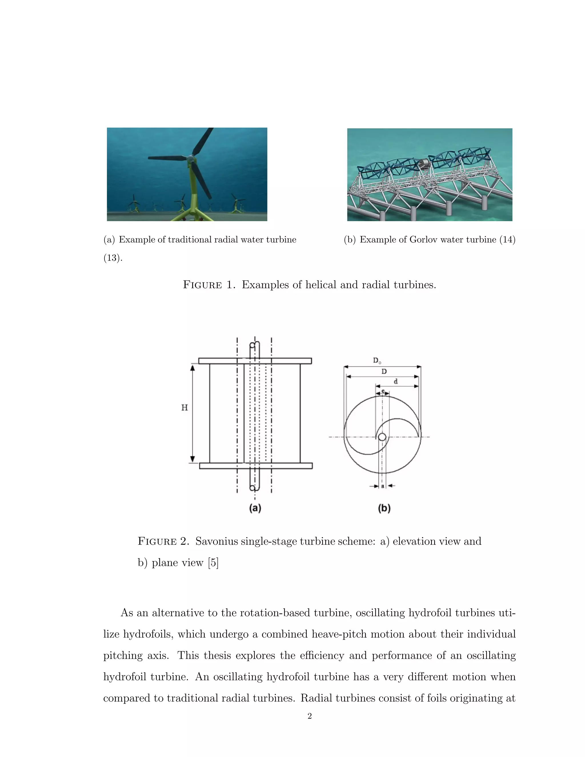 (a) Example of traditional radial water turbine
(13).
(b) Example of Gorlov water turbine (14)
Figure 1. Examples of helical and radial turbines.
Figure 2. Savonius single-stage turbine scheme: a) elevation view and
b) plane view [5]
As an alternative to the rotation-based turbine, oscillating hydrofoil turbines uti-
lize hydrofoils, which undergo a combined heave-pitch motion about their individual
pitching axis. This thesis explores the eﬃciency and performance of an oscillating
hydrofoil turbine. An oscillating hydrofoil turbine has a very diﬀerent motion when
compared to traditional radial turbines. Radial turbines consist of foils originating at
2
 