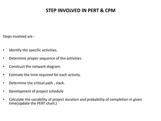 STEP INVOLVED IN PERT & CPM
Steps involved are :
• Identify the specific activities.
• Determine proper sequence of the activities.
• Construct the network diagram.
• Estimate the time required for each activity.
• Determine the critical path , slack.
• Development of project schedule
• Calculate the variability of project duration and probability of completion in given
time(Update the PERT chart.)
 