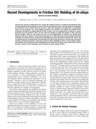 Recent Developments in Friction Stir Welding of Al alloys | PDF