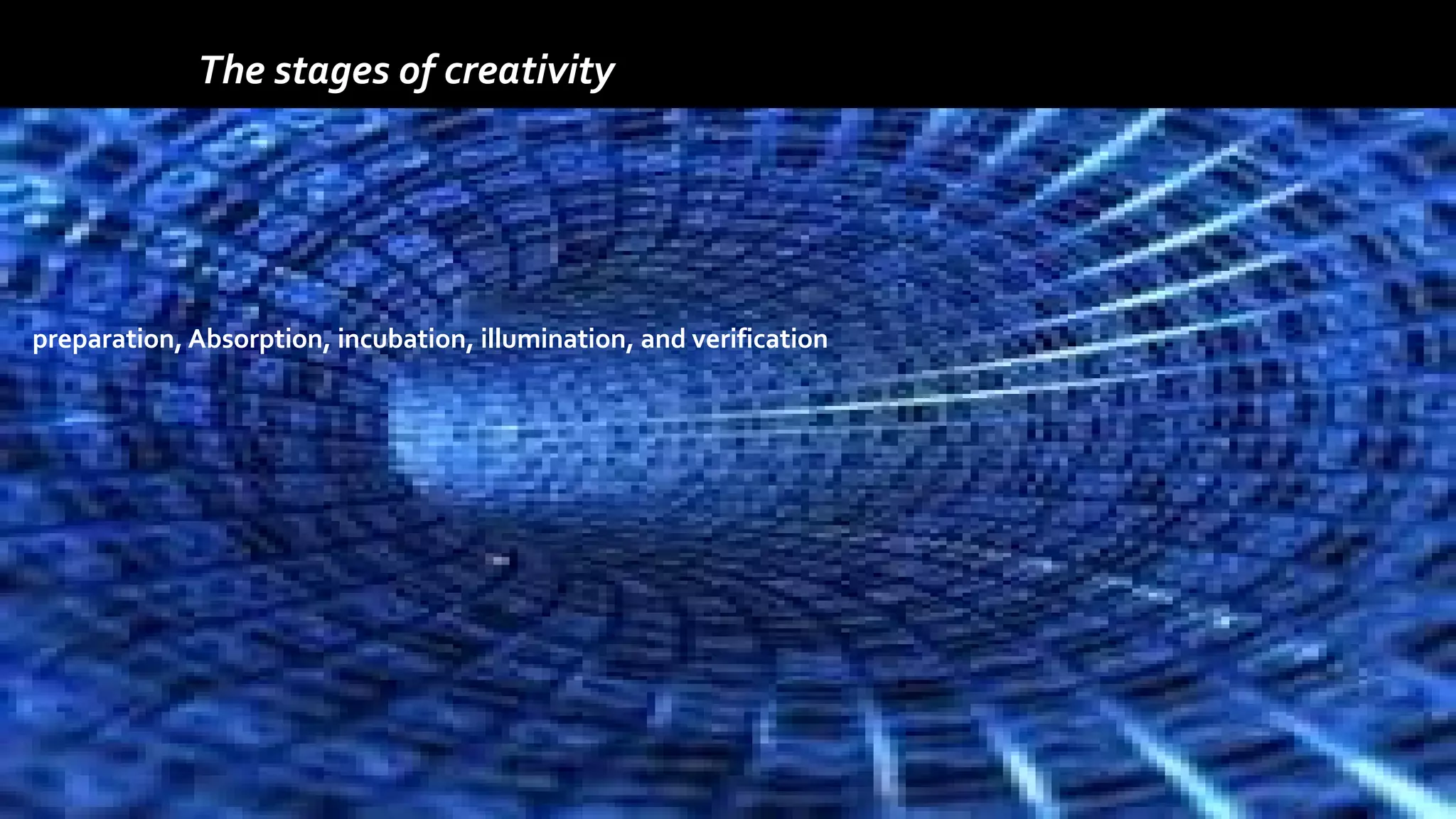 The stages of creativity
preparation, Absorption, incubation, illumination, and verification
 
