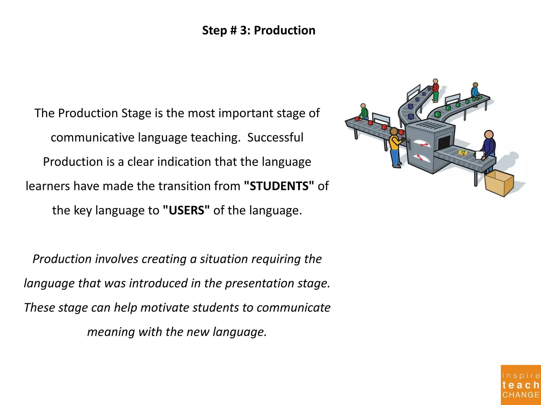 Step # 3: Production
The Production Stage is the most important stage of
communicative language teaching. Successful
Production is a clear indication that the language
learners have made the transition from "STUDENTS" of
the key language to "USERS" of the language.
Production involves creating a situation requiring the
language that was introduced in the presentation stage.
These stage can help motivate students to communicate
meaning with the new language.
 