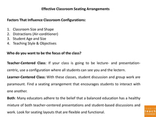 Effective Classroom Seating Arrangements
Factors That Influence Classroom Configurations:
1. Classroom Size and Shape
2. Distractions (Air-corditioner)
3. Student Age and Size
4. Teaching Style & Objectives
Who do you want to be the focus of the class?
Teacher-Centered Class: If your class is going to be lecture- and presentation-
centric, use a configuration where all students can see you and the lectern.
Learner-Centered Class: With these classes, student discussion and group work are
paramount. Find a seating arrangement that encourages students to interact with
one another.
Both: Many educators adhere to the belief that a balanced education has a healthy
mixture of both teacher-centered presentations and student-based discussions and
work. Look for seating layouts that are flexible and functional.
 