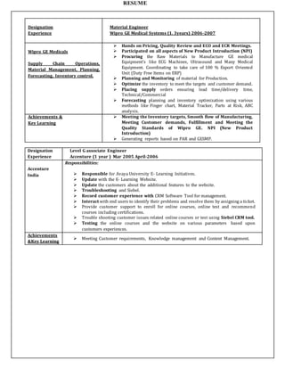 RESUME
Designation
Experience
Material Engineer
Wipro GE Medical Systems (1. 3years) 2006-2007
Wipro GE Medicals
Supply Chain Operations,
Material Management, Planning,
Forecasting, Inventory control.
 Hands on Pricing, Quality Review and ECO and ECR Meetings.
 Participated on all aspects of New Product Introduction (NPI)
 Procuring the Raw Materials to Manufacture GE medical
Equipment’s like ECG Machines, Ultrasound and Many Medical
Equipment. Coordinating to take care of 100 % Export Oriented
Unit (Duty Free Items on ERP)
 Planning and Monitoring of material for Production.
 Optimize the inventory to meet the targets and customer demand.
 Placing supply orders ensuring lead time/delivery time,
Technical/Commercial
 Forecasting planning and inventory optimization using various
methods like Finger chart, Material Tracker, Parts at Risk, ABC
analysis.
Achievements &
Key Learning
 Meeting the Inventory targets, Smooth flow of Manufacturing,
Meeting Customer demands, Fulfillment and Meeting the
Quality Standards of Wipro GE. NPI (New Product
Introduction)
 Generating reports based on PAR and GESMP.
Designation
Experience
Level G associate Engineer
Accenture (1 year ) Mar 2005 April-2006
Accenture
India
Responsibilities:
 Responsible for Avaya University E- Learning Initiatives.
 Update with the E- Learning Website.
 Update the customers about the additional features to the website.
 Troubleshooting and Siebel.
 Record customer experience with CRM Software Tool for management.
 Interact with end users to identify their problems and resolve them by assigning a ticket.
 Provide customer support to enroll for online courses, online test and recommend
courses including certifications.
 Trouble shooting customer issues related online courses or test using Siebel CRM tool.
 Testing the online courses and the website on various parameters based upon
customers experiences.
Achievements
&Key Learning
 Meeting Customer requirements, Knowledge management and Content Management.
 
