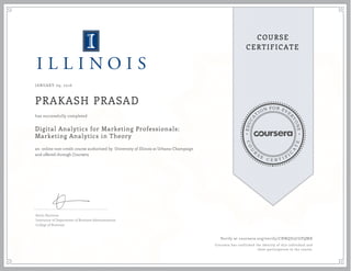 EDUCA
T
ION FOR EVE
R
YONE
CO
U
R
S
E
C E R T I F
I
C
A
TE
COURSE
CERTIFICATE
JANUARY 09, 2016
PRAKASH PRASAD
Digital Analytics for Marketing Professionals:
Marketing Analytics in Theory
an online non-credit course authorized by University of Illinois at Urbana-Champaign
and offered through Coursera
has successfully completed
Kevin Hartman
Instructor of Department of Business Administration
College of Business
Verify at coursera.org/verify/CNNQD3CGPQMX
Coursera has confirmed the identity of this individual and
their participation in the course.
 