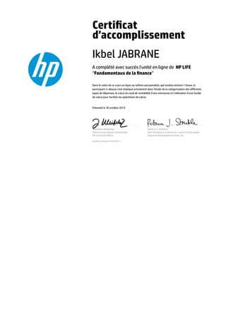 Certificat d'accomplissement- Fondamentaux de la finance- HP LIFE