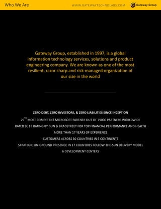 Who We Are
Gateway Group, established in 1997, is a global
information technology services, solutions and product
engineering company. We are known as one of the most
resilient, razor sharp and risk-managed organization of
our size in the world
ZERO DEBT, ZERO INVESTORS, & ZERO LIABILITIES SINCE INCEPTION
29
TH
MOST COMPETENT MICROSOFT PARTNER OUT OF 79000 PARTNERS WORLDWIDE
RATED SE 1B RATING BY DUN & BRADSTREET FOR TOP FINANCIAL PERFORMANCE AND HEALTH
MORE THAN 17 YEARS OF EXPERIENCE
CUSTOMERS ACROSS 30 COUNTRIES IN 5 CONTINENTS
STRATEGIC ON-GROUND PRESENCE IN 17 COUNTRIES FOLLOW-THE-SUN DELIVERY MODEL
6 DEVELOPMENT CENTERS
WWW.GATEWAYTECHNOLABS.COM
 