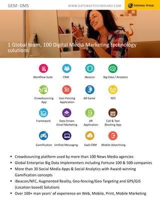 GEM- DMS WWW.GATEWAYTECHNOLABS.COM
1 Global team, 100 Digital Media Marketing technology
solutions
 Crowdsourcing platform used by more than 100 News Media agencies
 Global Enterprise Big Data Implementers including Fortune 100 & 500 companies
 More than 30 Social Media Apps & Social Analytics with Award-winning
Gamification concepts
 iBeacon/NFC, Augmented Reality, Geo-fencing/Geo Targeting and GPS/GIS
(Location based) Solutions
 Over 100+ man years' of experience on Web, Mobile, Print, Mobile Marketing
Big Data / Analytics
Crowdsourcing
App
Geo-Fencing
Application
AR Game
Workflow Suite CRM
Framework Data Driven
Email Marketing
Gamification
AR
Application
SaaS CRM
iBeacon
Unified Messaging
NFC
Mobile Advertising
Call & Text
Blocking App
 