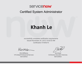 Issued November 24, 2015 10:02:03 AM
Khanh Le
Certified System Administrator
successfully completed certification requirements
Certification 01005210
 