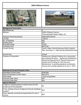 11
If Yes, indicate amount of Agency's Annual rent/lease
income?
N/A
May 2013
Value Basis Local comparables
N/A
N/A
Is Agency receiving lease or rental income for the
private use of the property?
Proposed Sale Value
Proposed Sale Date
If yes, describe contractual requirements for use of
income.
N/A
No
Date of Estimated Current Value
Agency Revenue
084A-0040-022-00
Castro Valley Central Business District Specific
Plan, Sub Area 11, High Density Residential Uses
Vacant
Address
20853 Wilbeam Avenue
Background Information
Map Reference 5
20853 Wilbeam Avenue
Unincorporated Castro Valley, CA
Assessor Parcel Number(s)
Current Zoning
Current Use
Acquisition Date
Purchase Price
No. of Buildings
Building Area
$180,000
Develop as a Shared Parking Lot in conjunction
with property #6 below. “Agreement Establishing
Reciprocal Easements for Shared Parking and
Access and Providing for Joint Use and
Maintenance” is pending signature by Alameda
County and 3 private parties as of June 1, 2013.
7,200 sf
N/A
N/A
Estimate of Current Property Value
Lot Size
Purpose of Acquisition
Estimated Current Value
$675,305
5/1/09
 