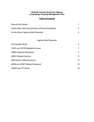 Alameda County Successor Agency
Long-Range Property Management Plan
Table of Contents
Executive Summary 1
Vicinity Map Index and Summary of Recommendations 3
Vicinity Map of Agency-Held Properties 4
Agency-Held Properties
278 Hampton Road 5
19745 and 19755 Meekland Avenue 7
16080 Hesperian Boulevard 9
20853 Wilbeam Avenue 11
3295 Castro Valley Boulevard 13
20095 and 20097 Mission Boulevard 16
16640 East 14th
Street 19
 
