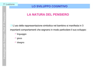  L’uso della rappresentazione simbolica nel bambino si manifesta in 3
importanti comportamenti che segnano in modo particolare il suo sviluppo:
 linguaggio
 gioco
 disegno
LO SVILUPPO COGNITIVO
PsicologiadelloSviluppo-Prof.P.Perucchini7a
Lezione
LA NATURA DEL PENSIERO
 