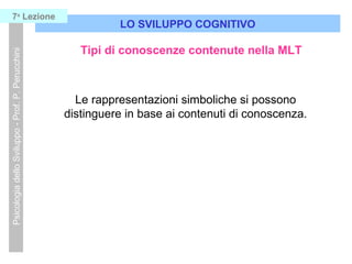 Tipi di conoscenze contenute nella MLT
LO SVILUPPO COGNITIVO
PsicologiadelloSviluppo-Prof.P.Perucchini7a
Lezione
Le rappresentazioni simboliche si possono
distinguere in base ai contenuti di conoscenza.
 
