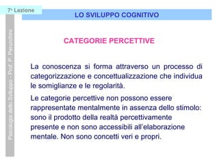 LO SVILUPPO COGNITIVO
PsicologiadelloSviluppo-Prof.P.Perucchini7a
Lezione
CATEGORIE PERCETTIVE
La conoscenza si forma attraverso un processo di
categorizzazione e concettualizzazione che individua
le somiglianze e le regolarità.
Le categorie percettive non possono essere
rappresentate mentalmente in assenza dello stimolo:
sono il prodotto della realtà percettivamente
presente e non sono accessibili all’elaborazione
mentale. Non sono concetti veri e propri.
 