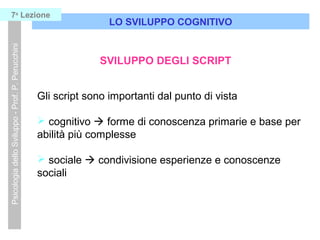 LO SVILUPPO COGNITIVO
PsicologiadelloSviluppo-Prof.P.Perucchini7a
Lezione
SVILUPPO DEGLI SCRIPT
Gli script sono importanti dal punto di vista
 cognitivo  forme di conoscenza primarie e base per
abilità più complesse
 sociale  condivisione esperienze e conoscenze
sociali
 