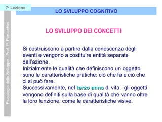 LO SVILUPPO COGNITIVO
PsicologiadelloSviluppo-Prof.P.Perucchini7a
Lezione
LO SVILUPPO DEI CONCETTI
Si costruiscono a partire dalla conoscenza degli
eventi e vengono a costituire entità separate
dall’azione.
Inizialmente le qualità che definiscono un oggetto
sono le caratteristiche pratiche: ciò che fa e ciò che
ci si può fare.
Successivamente, nel terzo annoterzo anno di vita, gli oggetti
vengono definiti sulla base di qualità che vanno oltre
la loro funzione, come le caratteristiche visive.
 