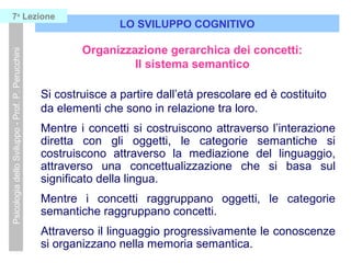 LO SVILUPPO COGNITIVO
PsicologiadelloSviluppo-Prof.P.Perucchini7a
Lezione
Organizzazione gerarchica dei concetti:
Il sistema semantico
Si costruisce a partire dall’età prescolare ed è costituito
da elementi che sono in relazione tra loro.
Mentre i concetti si costruiscono attraverso l’interazione
diretta con gli oggetti, le categorie semantiche si
costruiscono attraverso la mediazione del linguaggio,
attraverso una concettualizzazione che si basa sul
significato della lingua.
Mentre i concetti raggruppano oggetti, le categorie
semantiche raggruppano concetti.
Attraverso il linguaggio progressivamente le conoscenze
si organizzano nella memoria semantica.
 