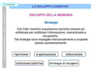 LO SVILUPPO COGNITIVO
PsicologiadelloSviluppo-Prof.P.Perucchini7a
Lezione
SVILUPPO DELLA MEMORIA
Strategie
Con l’età i bambini acquisiscono tecniche sempre più
sofisticate per codificare l’informazione, memorizzarla e
recuperarla.
Tali strategie sono impiegate intenzionalmente e scoperte
spesso spontaneamente.
ripetizione organizzazione elaborazione
attenzione selettiva strategie di recupero
 