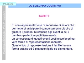 LO SVILUPPO COGNITIVO
PsicologiadelloSviluppo-Prof.P.Perucchini7a
Lezione
SCRIPT
E’ una rappresentazione di sequenze di azioni che
permette di anticipare il comportamento altrui e di
guidare il proprio. Si riferisce agli eventi a cui il
bambino partecipa quotidianamente.
La conoscenza di questi eventi costituisce la prima
vera forma di rappresentazione mentale.
Questo tipo di rappresentazione infantile ha una
forma pratica ed è piuttosto rigida ed elementare.
 