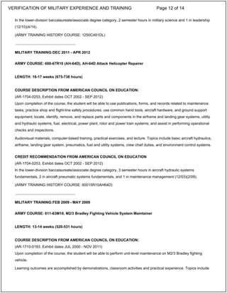 In the lower-division baccalaureate/associate degree category, 2 semester hours in military science and 1 in leadership
(12/10)(4/14).
(ARMY TRAINING HISTORY COURSE: 1250C491DL)
MILITARY TRAINING:DEC 2011 - APR 2012
ARMY COURSE: 600-67R10 (AH-64D), AH-64D Attack Helicopter Repairer
LENGTH: 16-17 weeks (675-738 hours)
COURSE DESCRIPTION FROM AMERICAN COUNCIL ON EDUCATION:
(AR-1704-0253, Exhibit dates OCT 2002 - SEP 2012)
Upon completion of the course, the student will be able to use publications, forms, and records related to maintenance
tasks; practice shop and flight-line safety procedures; use common hand tools, aircraft hardware, and ground support
equipment; locate, identify, remove, and replace parts and components in the airframe and landing gear systems, utility
and hydraulic systems, fuel, electrical, power plant, rotor and power train systems; and assist in performing operational
checks and inspections.
Audiovisual materials, computer-based training, practical exercises, and lecture. Topics include basic aircraft hydraulics,
airframe, landing gear system, pneumatics, fuel and utility systems, crew chief duties, and environment control systems.
CREDIT RECOMMENDATION FROM AMERICAN COUNCIL ON EDUCATION
(AR-1704-0253, Exhibit dates OCT 2002 - SEP 2012)
In the lower-division baccalaureate/associate degree category, 3 semester hours in aircraft hydraulic systems
fundamentals, 2 in aircraft pneumatic systems fundamentals, and 1 in maintenance management (12/03)(2/09).
(ARMY TRAINING HISTORY COURSE: 60015R10AH64D)
MILITARY TRAINING:FEB 2009 - MAY 2009
ARMY COURSE: 611-63M10, M2/3 Bradley Fighting Vehicle System Maintainer
LENGTH: 13-14 weeks (520-531 hours)
COURSE DESCRIPTION FROM AMERICAN COUNCIL ON EDUCATION:
(AR-1710-0183, Exhibit dates JUL 2000 - NOV 2011)
Upon completion of the course, the student will be able to perform unit-level maintenance on M2/3 Bradley fighting
vehicle.
Learning outcomes are accomplished by demonstrations, classroom activities and practical experience. Topics include
_____________________________
_____________________________
VERIFICATION OF MILITARY EXPERIENCE AND TRAINING Page 12 of 14
 