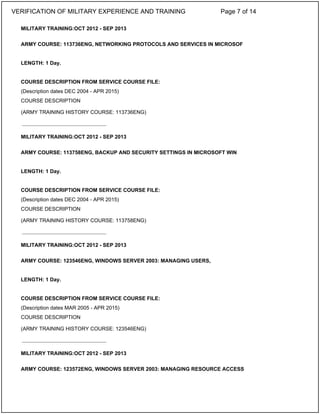 MILITARY TRAINING:OCT 2012 - SEP 2013
ARMY COURSE: 113736ENG, NETWORKING PROTOCOLS AND SERVICES IN MICROSOF
LENGTH: 1 Day.
COURSE DESCRIPTION FROM SERVICE COURSE FILE:
(Description dates DEC 2004 - APR 2015)
COURSE DESCRIPTION
(ARMY TRAINING HISTORY COURSE: 113736ENG)
MILITARY TRAINING:OCT 2012 - SEP 2013
ARMY COURSE: 113758ENG, BACKUP AND SECURITY SETTINGS IN MICROSOFT WIN
LENGTH: 1 Day.
COURSE DESCRIPTION FROM SERVICE COURSE FILE:
(Description dates DEC 2004 - APR 2015)
COURSE DESCRIPTION
(ARMY TRAINING HISTORY COURSE: 113758ENG)
MILITARY TRAINING:OCT 2012 - SEP 2013
ARMY COURSE: 123546ENG, WINDOWS SERVER 2003: MANAGING USERS,
LENGTH: 1 Day.
COURSE DESCRIPTION FROM SERVICE COURSE FILE:
(Description dates MAR 2005 - APR 2015)
COURSE DESCRIPTION
(ARMY TRAINING HISTORY COURSE: 123546ENG)
MILITARY TRAINING:OCT 2012 - SEP 2013
ARMY COURSE: 123572ENG, WINDOWS SERVER 2003: MANAGING RESOURCE ACCESS
_____________________________
_____________________________
_____________________________
VERIFICATION OF MILITARY EXPERIENCE AND TRAINING Page 7 of 14
 