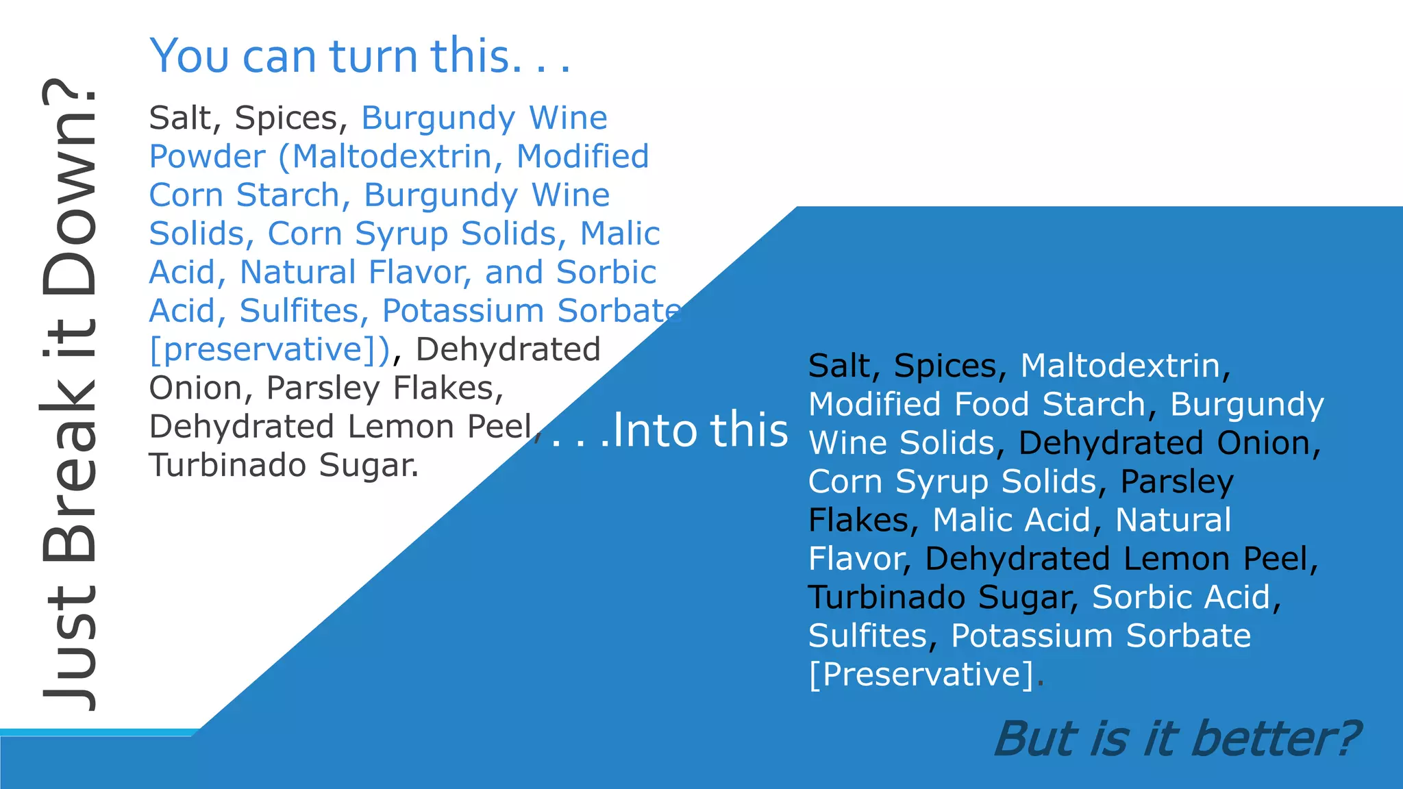 JustBreakitDown? You can turn this. . .
Salt, Spices, Maltodextrin,
Modified Food Starch, Burgundy
Wine Solids, Dehydrated Onion,
Corn Syrup Solids, Parsley
Flakes, Malic Acid, Natural
Flavor, Dehydrated Lemon Peel,
Turbinado Sugar, Sorbic Acid,
Sulfites, Potassium Sorbate
[Preservative].
Salt, Spices, Burgundy Wine
Powder (Maltodextrin, Modified
Corn Starch, Burgundy Wine
Solids, Corn Syrup Solids, Malic
Acid, Natural Flavor, and Sorbic
Acid, Sulfites, Potassium Sorbate
[preservative]), Dehydrated
Onion, Parsley Flakes,
Dehydrated Lemon Peel,
Turbinado Sugar.
But is it better?
. . .Into this
 