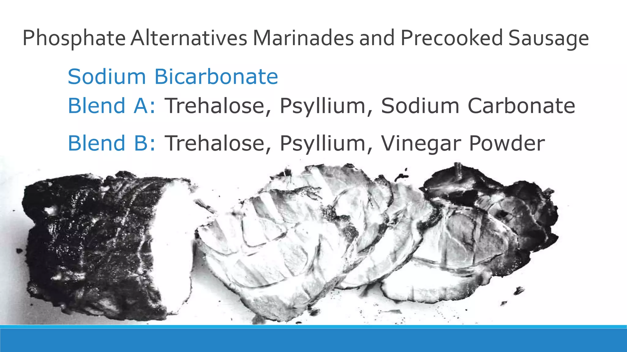 Phosphate Alternatives Marinades and Precooked Sausage
Sodium Bicarbonate
Blend A: Trehalose, Psyllium, Sodium Carbonate
Blend B: Trehalose, Psyllium, Vinegar Powder
 