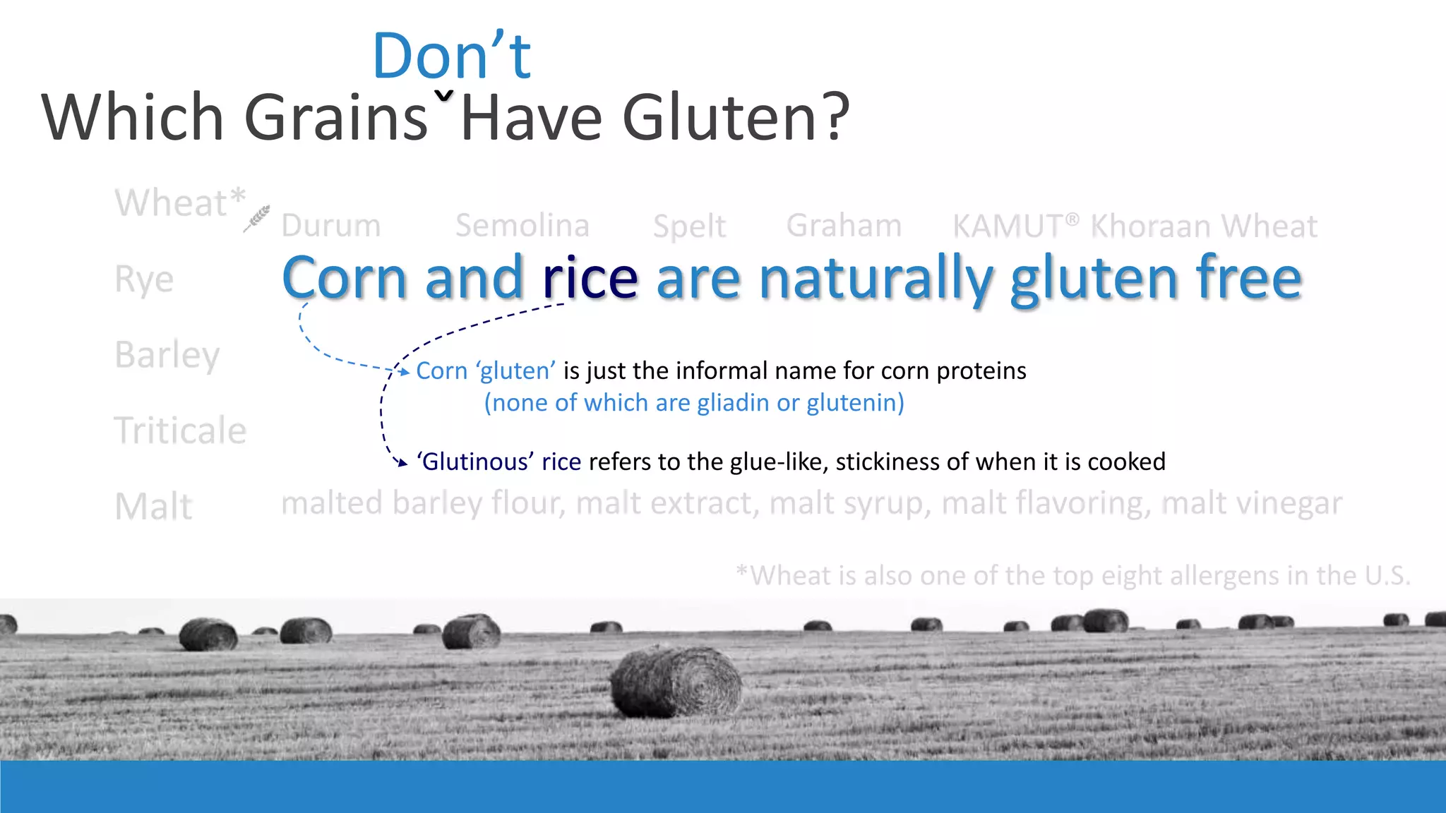 Which GrainsˇHave Gluten?
Wheat*
Rye
Barley
Triticale
Malt
Durum
malted barley flour, malt extract, malt syrup, malt flavoring, malt vinegar
*Wheat is also one of the top eight allergens in the U.S.
Semolina Spelt Graham KAMUT® Khoraan Wheat
Don’t
Corn and rice are naturally gluten free
Corn ‘gluten’ is just the informal name for corn proteins
(none of which are gliadin or glutenin)
‘Glutinous’ rice refers to the glue-like, stickiness of when it is cooked
 