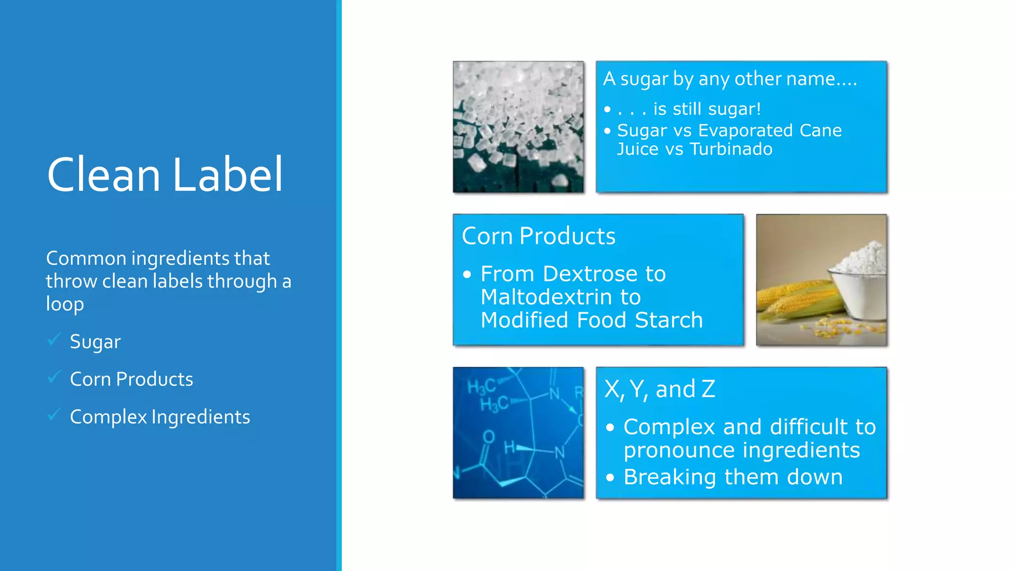 Clean Label
A sugar by any other name….
• . . . is still sugar!
• Sugar vs Evaporated Cane
Juice vs Turbinado
Corn Products
• From Dextrose to
Maltodextrin to
Modified Food Starch
X,Y, and Z
• Complex and difficult to
pronounce ingredients
• Breaking them down
Common ingredients that
throw clean labels through a
loop
 Sugar
 Corn Products
 Complex Ingredients
 