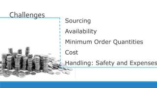 Sourcing
Availability
Minimum Order Quantities
Cost
Handling: Safety and Expenses
Challenges
 