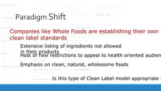 acesulfame-K
acetylated esters
ammonium chloride
artificial colors
artificial flavors
aspartame
azodicarbonamide
benzoates
benzoyl peroxide
BHA (butylated
hydroxyanisole)
BHT (butylated
hydroxytoluene)
bleached flour
bromated flour
BVO)
calcium bromate
calcium disodium EDTA
calcium peroxide
calcium propionate
Calcium
saccharin
calcium sorbate
calcium stearoyl-2-
lactylate
caprocaprylobehenin
carmine
certified colors
cyclamates
cysteine
DATEM
dimethylpolysiloxane
(DSS)
disodium calcium EDTA
disodium dihydrogen
EDTA
disodium guanylate
disodium inosinate
EDTA
ethyl vanillin
ethylene oxide
ethoxyquin
FDC colors
foie gras
GMP
high fructose corn syrup
hydrogenated fats
IMP
irradiated foods
lactylated esters
lead soldered cans
methyl silicon
methylparaben
microparticularized whey
monosodium glutamate
natamycin
nitrates/nitrites
partially hydrogenated oil
polydextrose
potassium benzoate
potassium bromate
potassium sorbate
propionates
propyl gallate
propylparaben
saccharin
sodium aluminum sulfate
sodium benzoate
sodium diacetate
sodium glutamate
sodium nitrate/nitrite
sodium propionate
sodium stearoyl-2-
lactylate
solvent extracted oils, as
standngle-ingredient oils
except alone sigrapeseed
oil).
sorbic acid
sucralose
sucroglycerides
sucrose polyester
Sulfites
TBHQ
vanillin
Companies like Whole Foods are establishing their own
clean label standards
Extensive listing of ingredients not allowed
in their products
Paradigm Shift
Is this type of Clean Label model appropriate f
Host of new restrictions to appeal to health oriented audien
Emphasis on clean, natural, wholesome foods
 