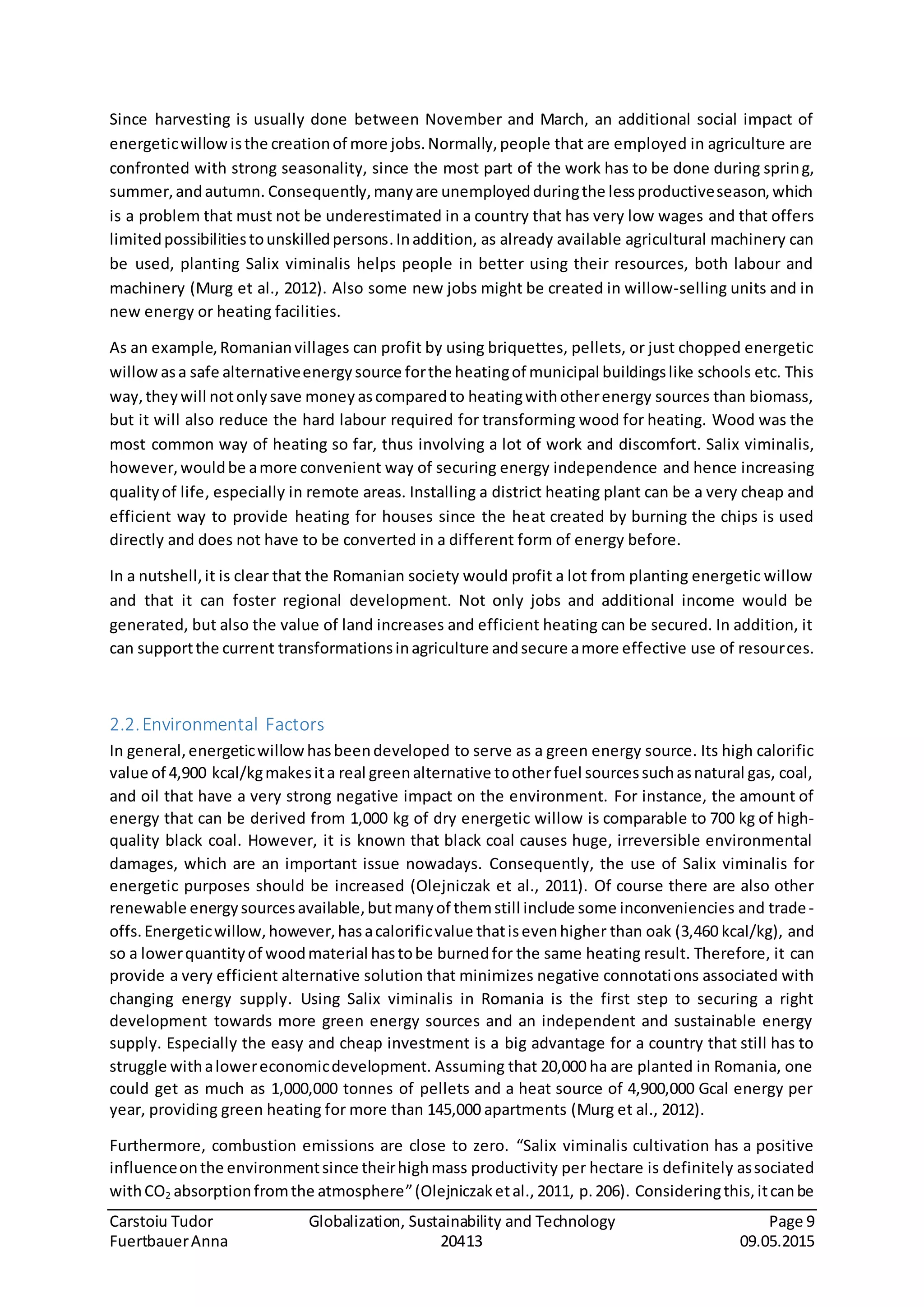 Carstoiu Tudor Globalization, Sustainability and Technology Page 9
FuertbauerAnna 20413 09.05.2015
Since harvesting is usually done between November and March, an additional social impact of
energeticwillow isthe creationof more jobs.Normally,people that are employed in agriculture are
confronted with strong seasonality, since the most part of the work has to be done during spring,
summer,andautumn. Consequently,manyare unemployedduringthe lessproductiveseason,which
is a problem that must not be underestimated in a country that has very low wages and that offers
limitedpossibilitiestounskilledpersons.Inaddition, as already available agricultural machinery can
be used, planting Salix viminalis helps people in better using their resources, both labour and
machinery (Murg et al., 2012). Also some new jobs might be created in willow-selling units and in
new energy or heating facilities.
As an example,Romanianvillages can profit by using briquettes, pellets, or just chopped energetic
willow asa safe alternativeenergysource forthe heatingof municipal buildingslike schools etc. This
way,theywill notonlysave money ascomparedto heatingwithotherenergy sources than biomass,
but it will also reduce the hard labour required for transforming wood for heating. Wood was the
most common way of heating so far, thus involving a lot of work and discomfort. Salix viminalis,
however,wouldbe amore convenient way of securing energy independence and hence increasing
qualityof life, especially in remote areas. Installing a district heating plant can be a very cheap and
efficient way to provide heating for houses since the heat created by burning the chips is used
directly and does not have to be converted in a different form of energy before.
In a nutshell,it is clear that the Romanian society would profit a lot from planting energetic willow
and that it can foster regional development. Not only jobs and additional income would be
generated, but also the value of land increases and efficient heating can be secured. In addition, it
can supportthe current transformationsinagriculture andsecure amore effective use of resources.
2.2.Environmental Factors
In general,energeticwillowhasbeendeveloped to serve as a green energy source. Its high calorific
value of 4,900 kcal/kgmakesita real greenalternative tootherfuel sourcessuchasnatural gas, coal,
and oil that have a very strong negative impact on the environment. For instance, the amount of
energy that can be derived from 1,000 kg of dry energetic willow is comparable to 700 kg of high-
quality black coal. However, it is known that black coal causes huge, irreversible environmental
damages, which are an important issue nowadays. Consequently, the use of Salix viminalis for
energetic purposes should be increased (Olejniczak et al., 2011). Of course there are also other
renewable energysourcesavailable,butmanyof themstill include some inconveniencies and trade-
offs.Energeticwillow,however, hasacalorificvalue thatisevenhigher than oak (3,460 kcal/kg), and
so a lowerquantityof woodmaterial hastobe burnedfor the same heating result. Therefore, it can
provide a very efficient alternative solution that minimizes negative connotations associated with
changing energy supply. Using Salix viminalis in Romania is the first step to securing a right
development towards more green energy sources and an independent and sustainable energy
supply. Especially the easy and cheap investment is a big advantage for a country that still has to
struggle withalowereconomicdevelopment. Assuming that 20,000 ha are planted in Romania, one
could get as much as 1,000,000 tonnes of pellets and a heat source of 4,900,000 Gcal energy per
year, providing green heating for more than 145,000 apartments (Murg et al., 2012).
Furthermore, combustion emissions are close to zero. “Salix viminalis cultivation has a positive
influenceonthe environmentsince theirhighmass productivity per hectare is definitely associated
withCO2 absorptionfromthe atmosphere”(Olejniczaketal., 2011, p.206). Consideringthis, itcanbe
 