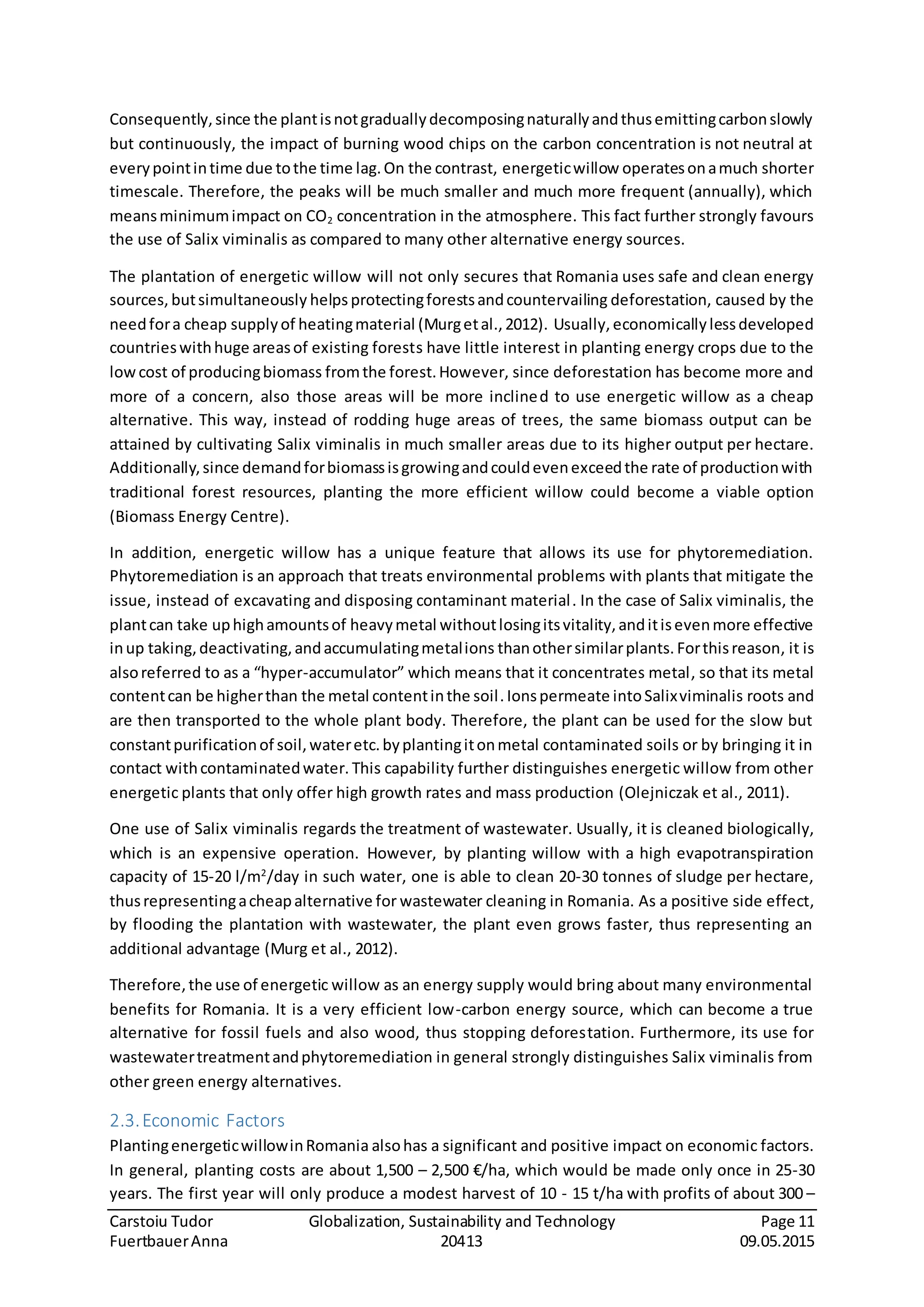 Carstoiu Tudor Globalization, Sustainability and Technology Page 11
FuertbauerAnna 20413 09.05.2015
Consequently,since the plantisnotgraduallydecomposingnaturallyandthusemittingcarbonslowly
but continuously, the impact of burning wood chips on the carbon concentration is not neutral at
everypointintime due tothe time lag.On the contrast, energeticwillow operatesonamuch shorter
timescale. Therefore, the peaks will be much smaller and much more frequent (annually), which
meansminimumimpact on CO2 concentration in the atmosphere. This fact further strongly favours
the use of Salix viminalis as compared to many other alternative energy sources.
The plantation of energetic willow will not only secures that Romania uses safe and clean energy
sources, butsimultaneously helps protectingforestsandcountervailing deforestation, caused by the
needfora cheap supplyof heatingmaterial (Murgetal.,2012). Usually, economicallylessdeveloped
countrieswithhuge areasof existing forests have little interest in planting energy crops due to the
lowcost of producingbiomass fromthe forest.However, since deforestation has become more and
more of a concern, also those areas will be more inclined to use energetic willow as a cheap
alternative. This way, instead of rodding huge areas of trees, the same biomass output can be
attained by cultivating Salix viminalis in much smaller areas due to its higher output per hectare.
Additionally,since demandforbiomassisgrowingandcouldevenexceedthe rate of productionwith
traditional forest resources, planting the more efficient willow could become a viable option
(Biomass Energy Centre).
In addition, energetic willow has a unique feature that allows its use for phytoremediation.
Phytoremediation is an approach that treats environmental problems with plants that mitigate the
issue, instead of excavating and disposing contaminant material. In the case of Salix viminalis, the
plantcan take uphighamountsof heavymetal withoutlosingitsvitality,anditisevenmore effective
inup taking,deactivating,andaccumulatingmetalions thanothersimilarplants. Forthisreason, it is
alsoreferred to as a “hyper-accumulator” which means that it concentrates metal, so that its metal
contentcan be higherthan the metal contentinthe soil.Ionspermeate intoSalixviminalis roots and
are then transported to the whole plant body. Therefore, the plant can be used for the slow but
constantpurificationof soil,wateretc.byplantingitonmetal contaminated soils or by bringing it in
contact withcontaminatedwater. This capability further distinguishes energetic willow from other
energetic plants that only offer high growth rates and mass production (Olejniczak et al., 2011).
One use of Salix viminalis regards the treatment of wastewater. Usually, it is cleaned biologically,
which is an expensive operation. However, by planting willow with a high evapotranspiration
capacity of 15-20 l/m2
/day in such water, one is able to clean 20-30 tonnes of sludge per hectare,
thusrepresentingacheapalternative for wastewater cleaning in Romania. As a positive side effect,
by flooding the plantation with wastewater, the plant even grows faster, thus representing an
additional advantage (Murg et al., 2012).
Therefore,the use of energetic willow as an energy supply would bring about many environmental
benefits for Romania. It is a very efficient low-carbon energy source, which can become a true
alternative for fossil fuels and also wood, thus stopping deforestation. Furthermore, its use for
wastewatertreatmentandphytoremediation in general strongly distinguishes Salix viminalis from
other green energy alternatives.
2.3.Economic Factors
PlantingenergeticwillowinRomania alsohas a significant and positive impact on economic factors.
In general, planting costs are about 1,500 – 2,500 €/ha, which would be made only once in 25-30
years. The first year will only produce a modest harvest of 10 - 15 t/ha with profits of about 300 –
 