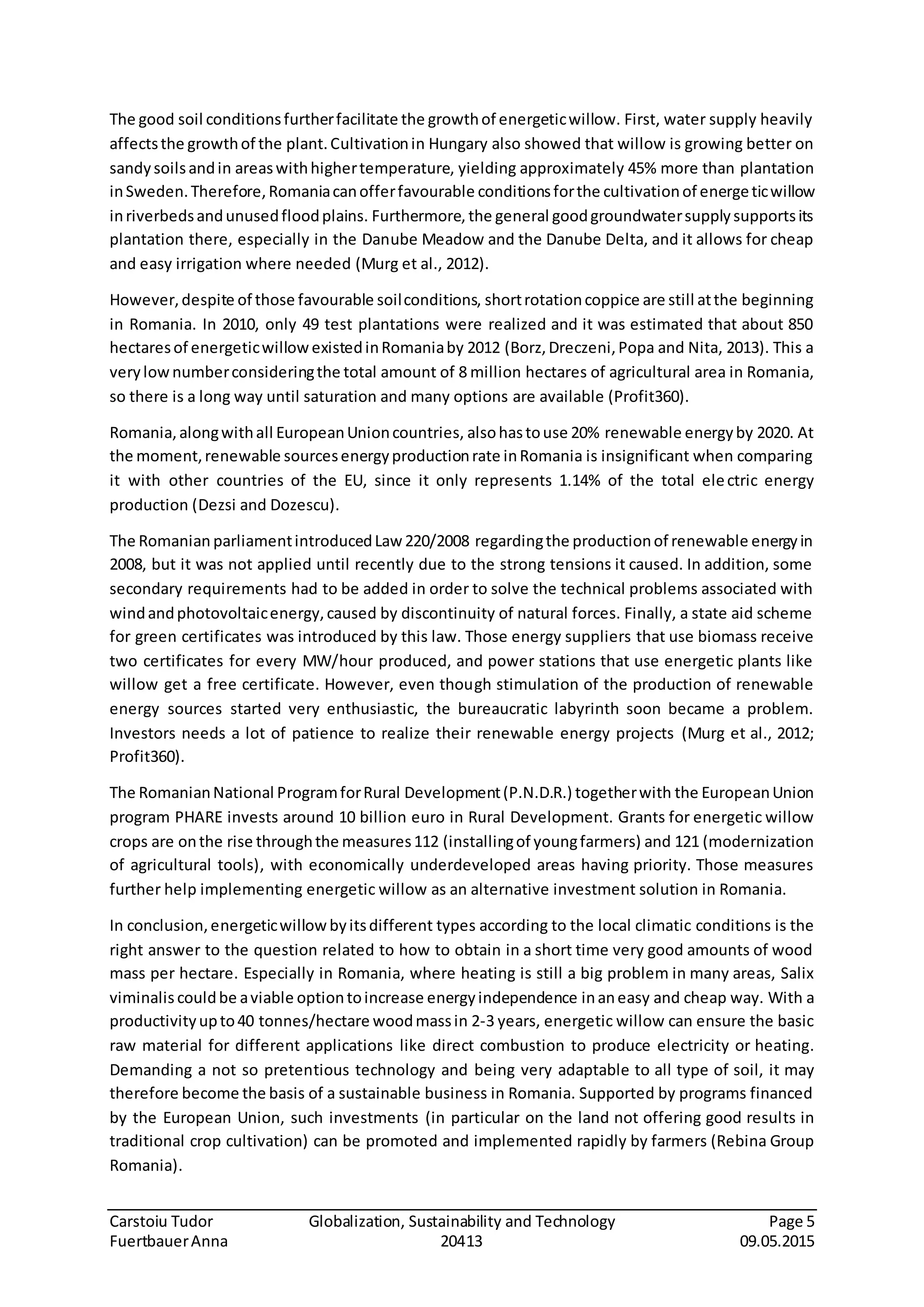 Carstoiu Tudor Globalization, Sustainability and Technology Page 5
FuertbauerAnna 20413 09.05.2015
The good soil conditionsfurtherfacilitate the growthof energeticwillow. First, water supply heavily
affectsthe growthof the plant.Cultivationin Hungary also showed that willow is growing better on
sandysoilsandin areaswithhighertemperature, yielding approximately 45% more than plantation
inSweden.Therefore,Romaniacanofferfavourable conditionsforthe cultivationof energeticwillow
inriverbedsandunusedfloodplains. Furthermore, the general goodgroundwatersupplysupportsits
plantation there, especially in the Danube Meadow and the Danube Delta, and it allows for cheap
and easy irrigation where needed (Murg et al., 2012).
However,despite of those favourable soilconditions, shortrotationcoppice are still atthe beginning
in Romania. In 2010, only 49 test plantations were realized and it was estimated that about 850
hectaresof energeticwillow existedinRomaniaby 2012 (Borz,Dreczeni,Popa and Nita, 2013). This a
verylownumberconsideringthe total amount of 8 million hectares of agricultural area in Romania,
so there is a long way until saturation and many options are available (Profit360).
Romania,alongwithall EuropeanUnioncountries, alsohastouse 20% renewable energyby 2020. At
the moment,renewable sourcesenergyproductionrate inRomania is insignificant when comparing
it with other countries of the EU, since it only represents 1.14% of the total electric energy
production (Dezsi and Dozescu).
The Romanian parliamentintroducedLaw 220/2008 regardingthe productionof renewable energyin
2008, but it was not applied until recently due to the strong tensions it caused. In addition, some
secondary requirements had to be added in order to solve the technical problems associated with
windandphotovoltaicenergy,caused by discontinuity of natural forces. Finally, a state aid scheme
for green certificates was introduced by this law. Those energy suppliers that use biomass receive
two certificates for every MW/hour produced, and power stations that use energetic plants like
willow get a free certificate. However, even though stimulation of the production of renewable
energy sources started very enthusiastic, the bureaucratic labyrinth soon became a problem.
Investors needs a lot of patience to realize their renewable energy projects (Murg et al., 2012;
Profit360).
The RomanianNational ProgramforRural Development(P.N.D.R.) togetherwith the EuropeanUnion
program PHARE invests around 10 billion euro in Rural Development. Grants for energetic willow
crops are onthe rise throughthe measures112 (installingof youngfarmers) and 121 (modernization
of agricultural tools), with economically underdeveloped areas having priority. Those measures
further help implementing energetic willow as an alternative investment solution in Romania.
In conclusion,energeticwillow byitsdifferent types according to the local climatic conditions is the
right answer to the question related to how to obtain in a short time very good amounts of wood
mass per hectare. Especially in Romania, where heating is still a big problem in many areas, Salix
viminalis couldbe aviable optiontoincrease energyindependence inaneasy and cheap way. With a
productivityupto40 tonnes/hectare woodmassin 2-3 years, energetic willow can ensure the basic
raw material for different applications like direct combustion to produce electricity or heating.
Demanding a not so pretentious technology and being very adaptable to all type of soil, it may
therefore become the basis of a sustainable business in Romania. Supported by programs financed
by the European Union, such investments (in particular on the land not offering good results in
traditional crop cultivation) can be promoted and implemented rapidly by farmers (Rebina Group
Romania).
 