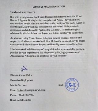 Letter of Recommendation - Bharti Airtel Ltd.